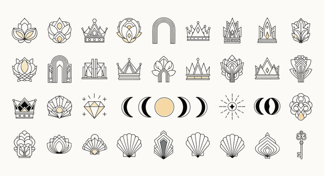 Extensive collection of geometric line art icons featuring crowns lotus flowers moons and esoteric symbols in beige.