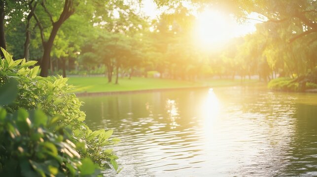 Serene park landscape with shimmering water and warm sunlight filtering through trees