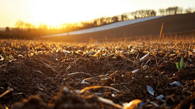 Sunlit agricultural field with soil texture and scattered plastic debris, illustrating environmental microplastic contamination.