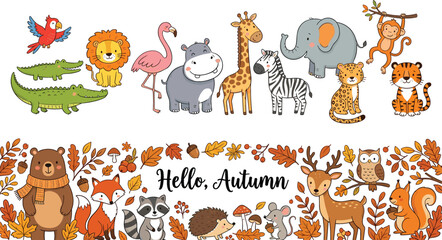Obraz premium Cute Cartoon Safari and Woodland Animals Set with Hello Autumn Lettering Foliage Banner for Kids Educational Card Designs