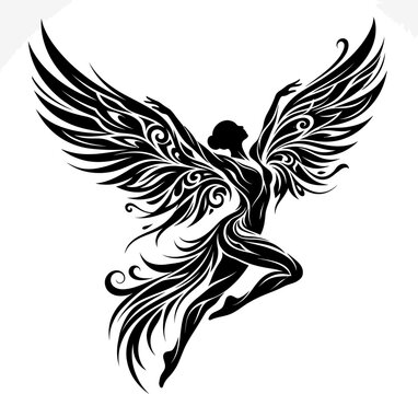 Tribal style silhouette of a flying winged woman.