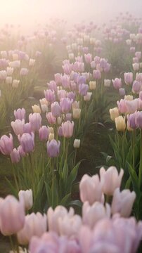Pink and white tulips blooming in a misty field at sunrise with soft, dreamy light.