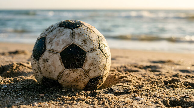Old worn soccer ball on sandy beach near ocean at sunset
