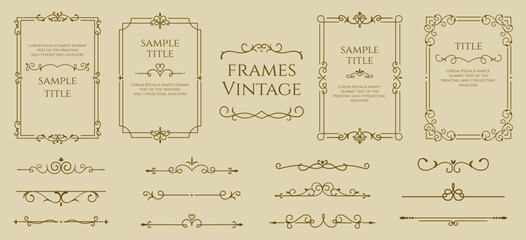 Obraz premium Luxury frame. Gorgeous line design for elegant retro card, simple border or vintage invitation. Borders and dividers for books design. Graphic outline flourish elements. Vector isolated set