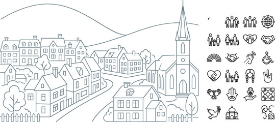 Naklejka premium Cozy European Village Landscape Line Art Set with Small Town Houses Church Buildings and Community Charity Symbols for Greeting Cards Coloring Pages and Media