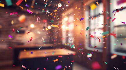 Obraz premium Vibrant confetti showers celebrate business success in a modern urban office setting, creating a joyous and festive atmosphere for achievement and recognition.