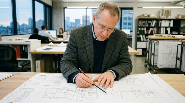 Focused architect reviews technical construction drawings carefully