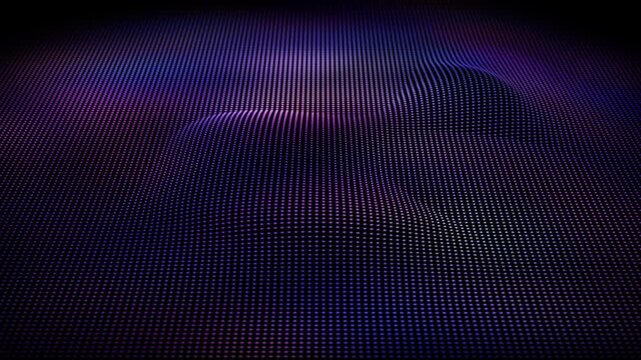 Purple dotted space rotates radially. glowing pink and blue grid background, top view. Digital landscape of wave motion. Pixelated screen rotates around an axis. looping purple background.