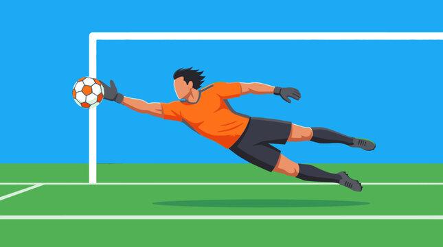 Soccer goalkeeper diving to catch ball in mid-air during game