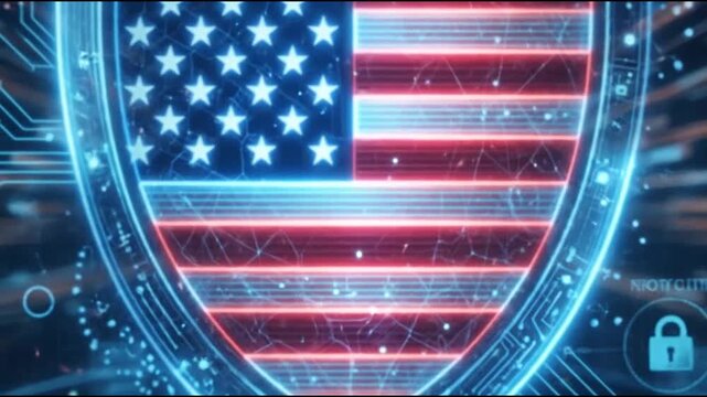 Glowing american flag shield protected by a digital force field and a padlock icon representing advanced national cybersecurity network defense