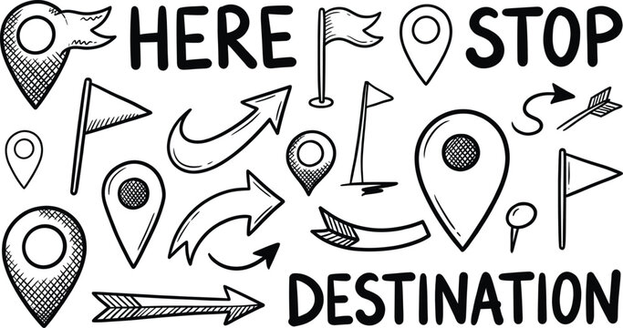 Hand drawn map pins, arrows, and flags