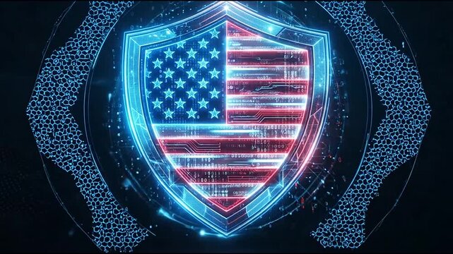 Digital shield featuring the American flag pattern glows with neon light while protecting sensitive information against modern cyber threats online