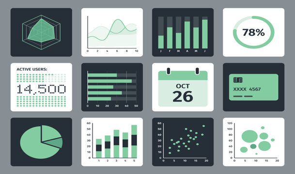 Flat infographic elements dashboard set with charts, graphs, calendar, and credit card