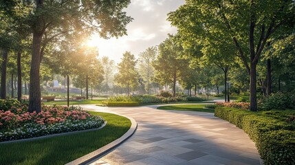 Obraz premium Serene community park with sunlit pathways, lush landscaping, and vibrant flower beds, perfect for peaceful outdoor recreation and enjoyment.