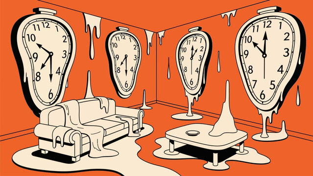 Melting Clocks and Furniture Dripping in a Surreal Orange Living Room Flat Illustration