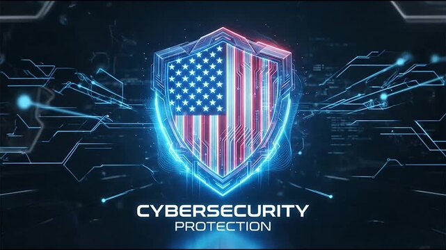 Glowing digital shield featuring the united states flag design pulsing with data streams for secure national cyber defense infrastructure