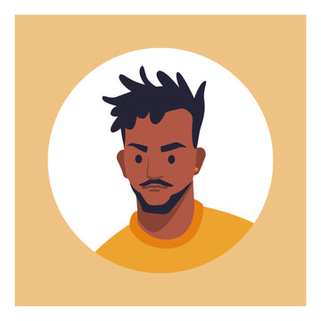 Male avatar. Minimal profile portrait icon, user account identity and social media profile concept. African black man. Face in circle. Vector cartoon flat style isolated illustration