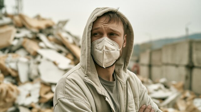 Closeup of worker in paper dust mask amidst shattered insulation materials industrial yard and softfocus concrete barriers visible under gray skies capturing raw realistic work