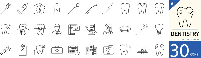 Dentistry line icon set for dental care, teeth, dentist, clinic, oral hygiene, and treatment. Editable vector icons for dental clinics, healthcare apps, and medical projects. © mstlily