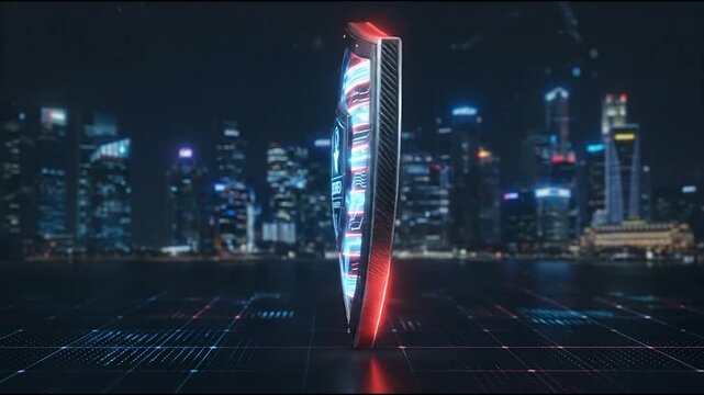 Glowing digital shield with American flag patterns rotating to represent national data protection and secure modern internet safety systems