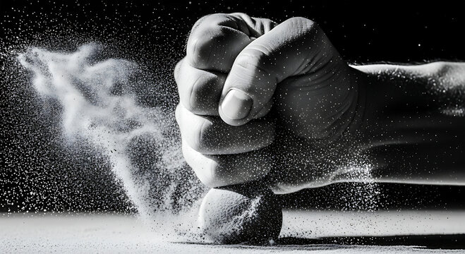 Dramatic black and white fist crushing dust splash ball