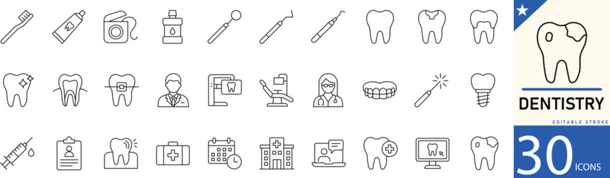 Dentistry line icon set for dental care, teeth, dentist, clinic, oral hygiene, and treatment. Editable vector icons for dental clinics, healthcare apps, and medical projects.