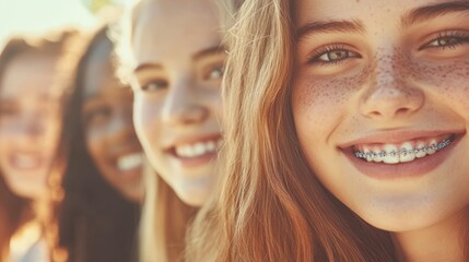 Obraz premium Diverse group of smiling teenage girls with braces outdoors, celebrating friendship, inclusion, confidence and modern youth identity