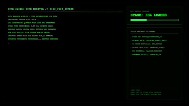 Core System Monitor Displaying BIOS Post Screen Boot Sequence Verification Stage And Hardware Integrity Diagnostic Status Green HUD UI Interface.