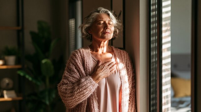 Senior woman in cozy loungewear stands near hallway mirror hand on chest practicing mindful breathing to ease anxiety in a softly lit modern bedroom with houseplant accents.