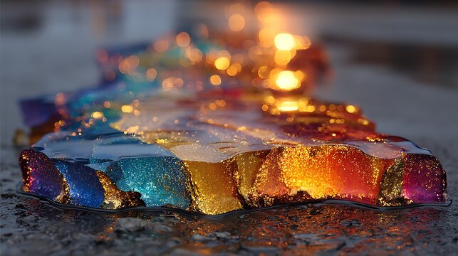 Stunning close-up of liquid rainbow ice with sparkling details under warm sunlight images illustration
