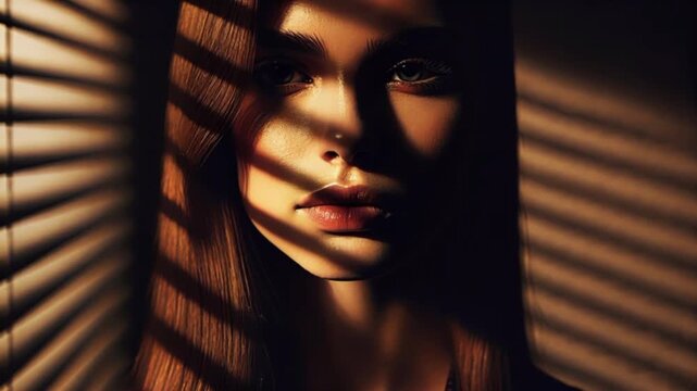 Portrait video of a woman illuminated by warm golden light with window blind shadows creating a dramatic and cinematic mood.