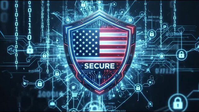 Glowing digital shield with american flag pattern protecting data networks against cyber threats in this dynamic high quality motion video