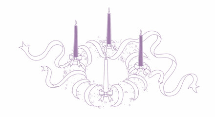 Fototapeta premium Purple Line Art Advent Wreath with Candles and Ribbons