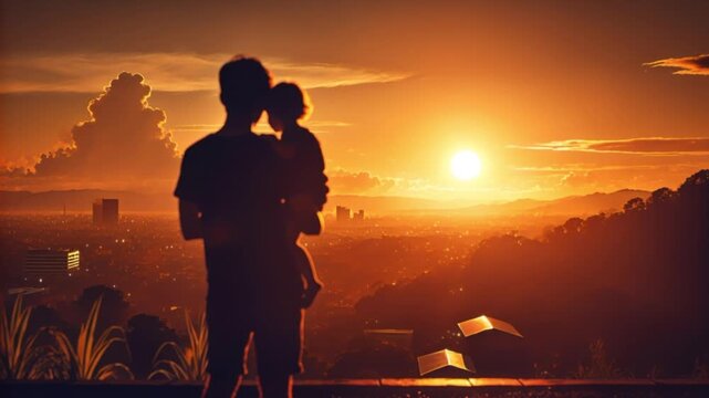 Silhouette video of a parent holding a child at sunset, capturing love, security and a strong family bond against a glowing sky.