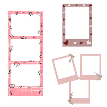 Cute scrapbook polaroid frames with hand-drawn doodles and pink checkered pattern, perfect for journaling and memory keeping