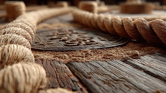Thick rope strands laying on weathered wood surface rustic pictures