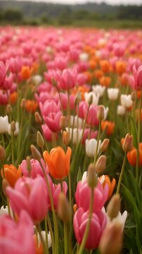 Vibrant pink, orange, and white tulips blooming in a lush field under a cloudy spring sky.