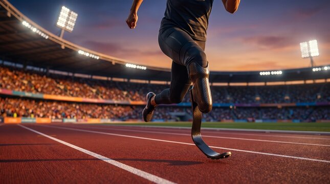 An athlete with a prosthetic leg is running on a treadmill at the stadium