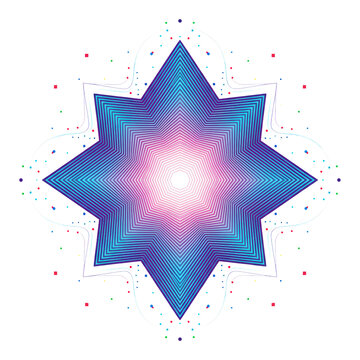 Symmetrical octagram formed by parallel contour lines with a purple to cyan and pink gradient on a white background with scattered digital energy dots and waves