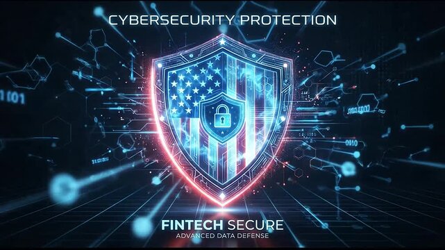 Glowing digital shield with american flag pattern protecting sensitive financial data in this high quality motion graphic video clip