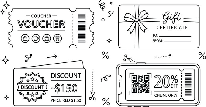 Discount coupon and voucher line icon set with gift certificate smartphone online code discount ticket vector design elements