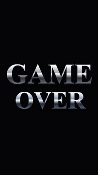 Game over text with metallic chrome silver texture and digital glitch distortion flickering on black background for arcade gaming