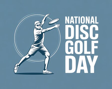 National Disc Golf Day Sports Badge with Flying Frisbee Illustration.