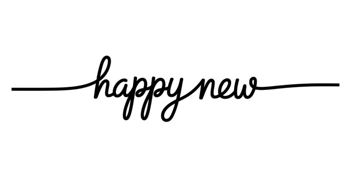Happy new year text in a single continuous line script font calligraphy style for holiday greeting cards and festive seasonal design projects Vector, illustration