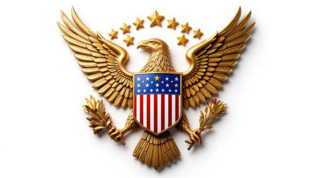Golden eagle emblem with american flag shield isolated on white background