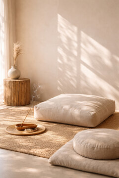 Cozy interior with cushions and incense in soft lighting
