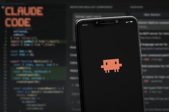 Cali, Colombia - May 25 2026: Smartphone displaying Claude Code interface with programming background