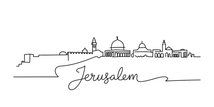 Jerusalem city skyline continuous line drawing design with hand written text isolated on a clean simple minimalist vector illustration style Vector, illustration