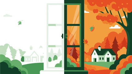 Fototapeta premium Seasonal transition illustration showing summer and autumn landscape through a window in flat vector style