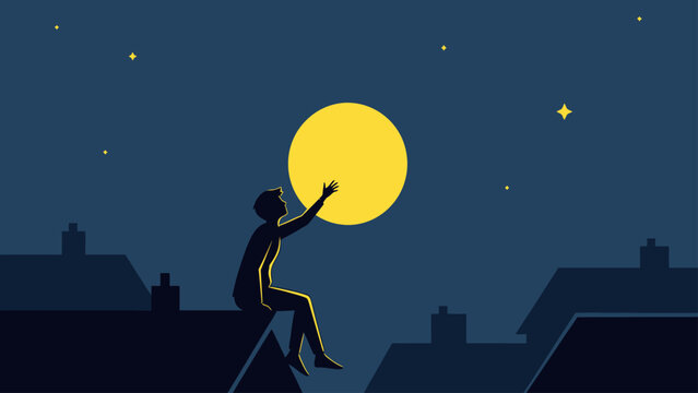 Silhouette of a boy sitting on a rooftop reaching for the full moon in a starry night sky, minimalist vector illustration